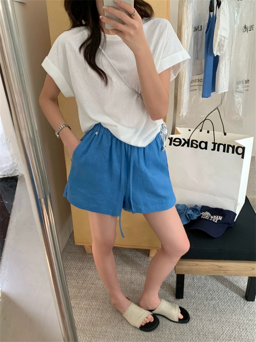 STRAWBERRY韓國代購㊣女裝新款真品休閑職業時尚熱賣短褲亞麻STRAWBERRY短褲