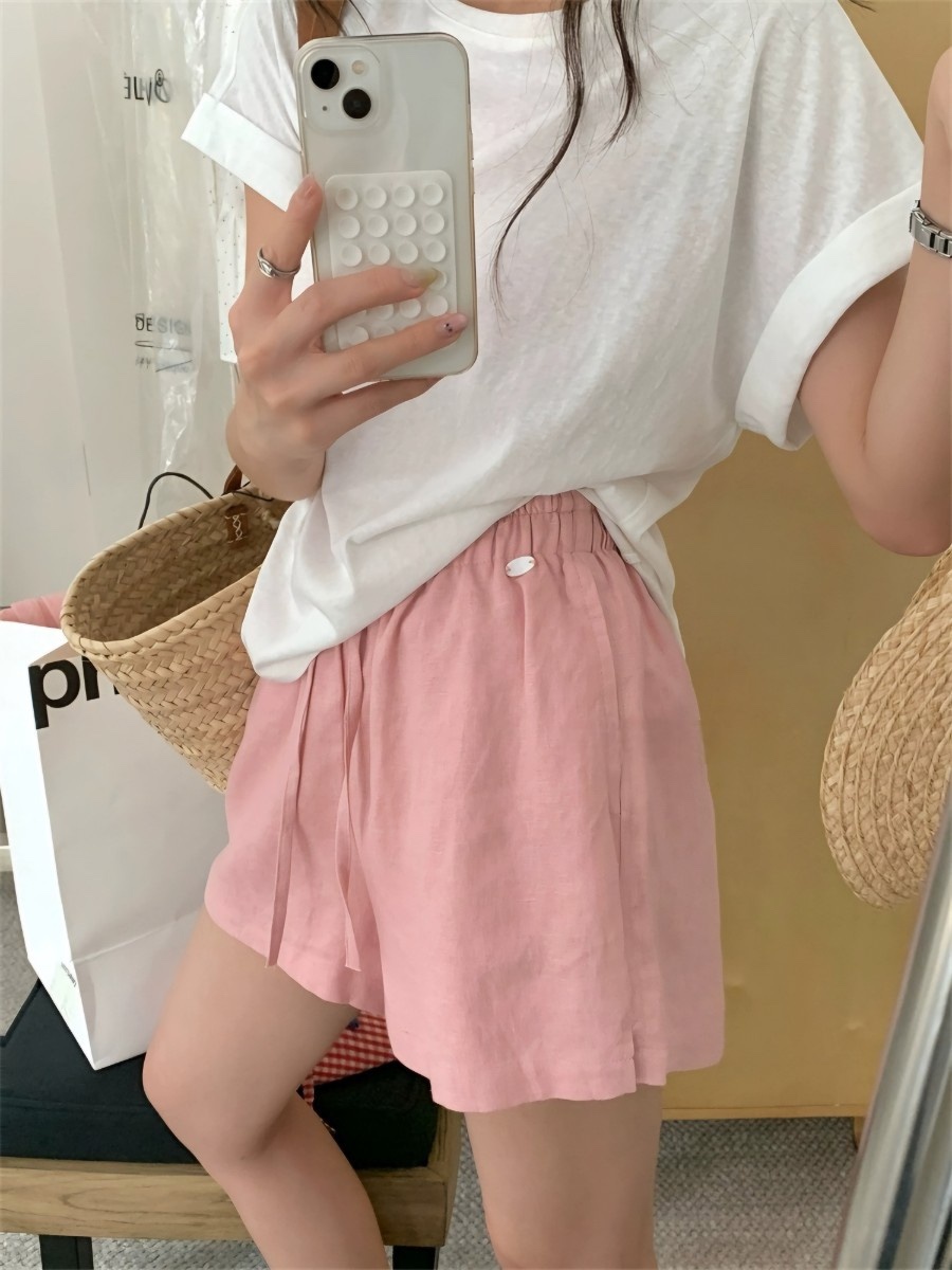 STRAWBERRY韓國代購㊣女裝新款真品休閑職業時尚熱賣短褲亞麻STRAWBERRY短褲