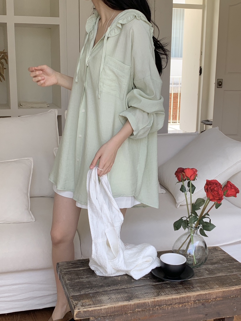 FRILL-T東大門㊣直郵女裝新品職業時尚襯衫蕾絲衫荷葉邊兜帽FRILL-T襯衫/蕾絲衫
