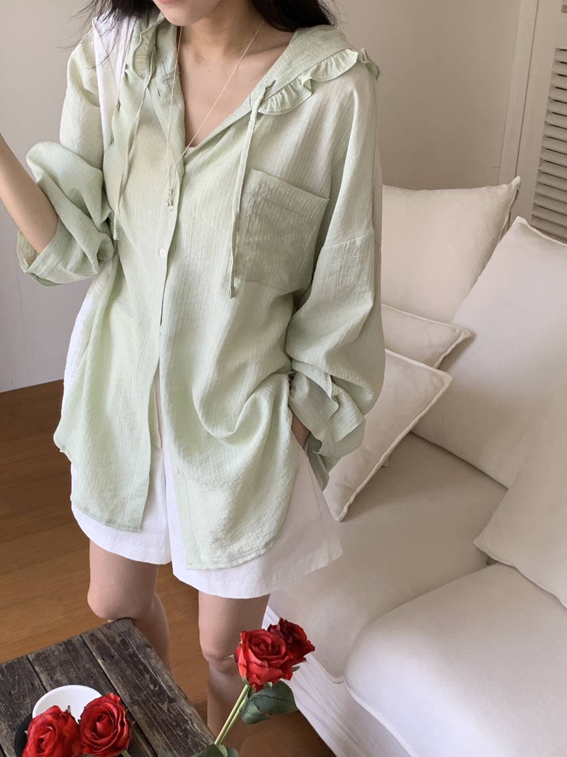 FRILL-T東大門㊣直郵女裝新品職業時尚襯衫蕾絲衫荷葉邊兜帽FRILL-T襯衫/蕾絲衫