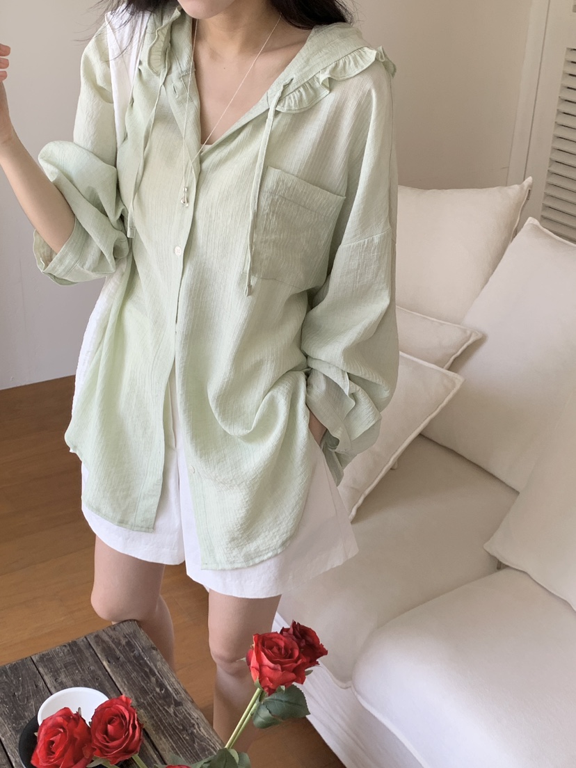 FRILL-T東大門㊣直郵女裝新品職業時尚襯衫蕾絲衫荷葉邊兜帽FRILL-T襯衫/蕾絲衫