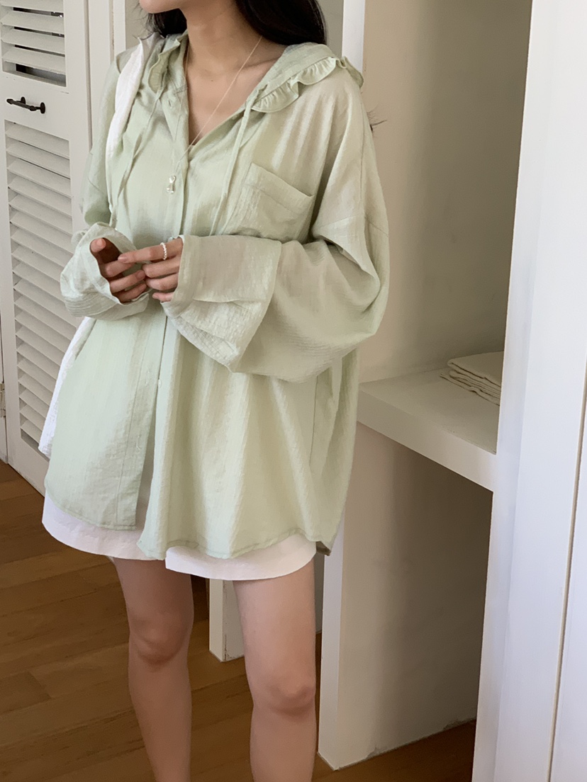 FRILL-T東大門㊣直郵女裝新品職業時尚襯衫蕾絲衫荷葉邊兜帽FRILL-T襯衫/蕾絲衫