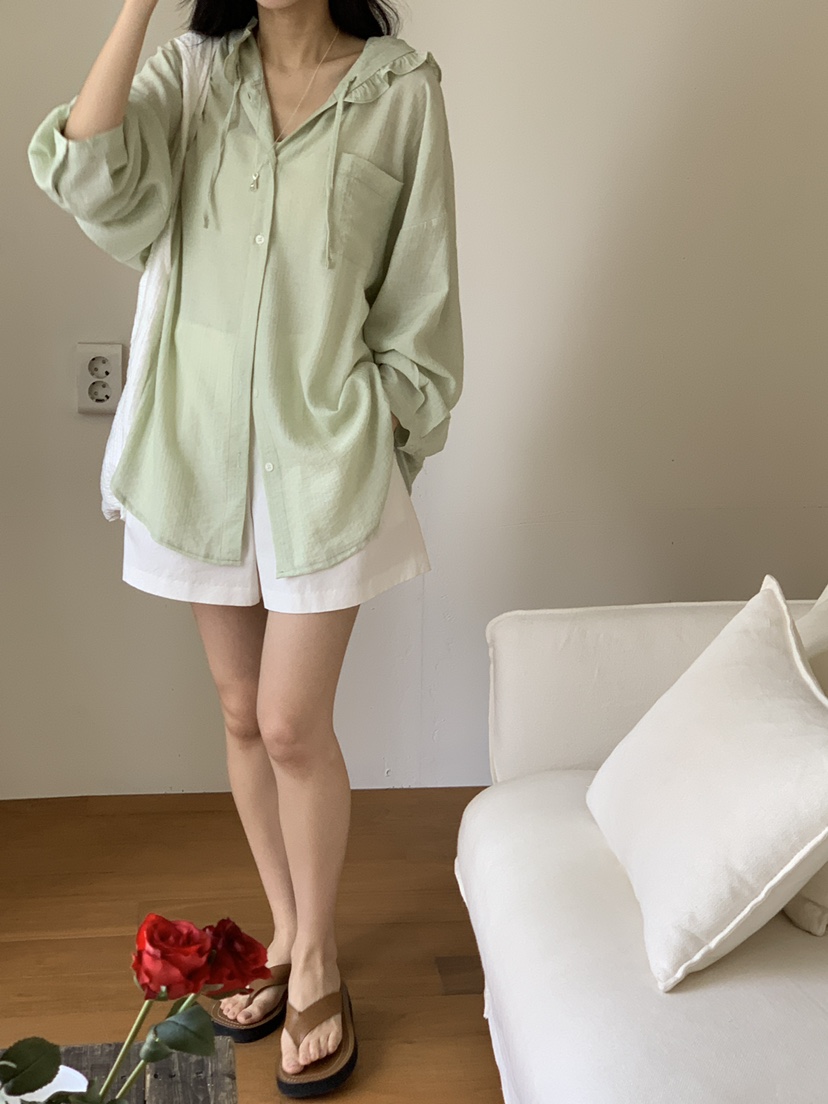 FRILL-T東大門㊣直郵女裝新品職業時尚襯衫蕾絲衫荷葉邊兜帽FRILL-T襯衫/蕾絲衫