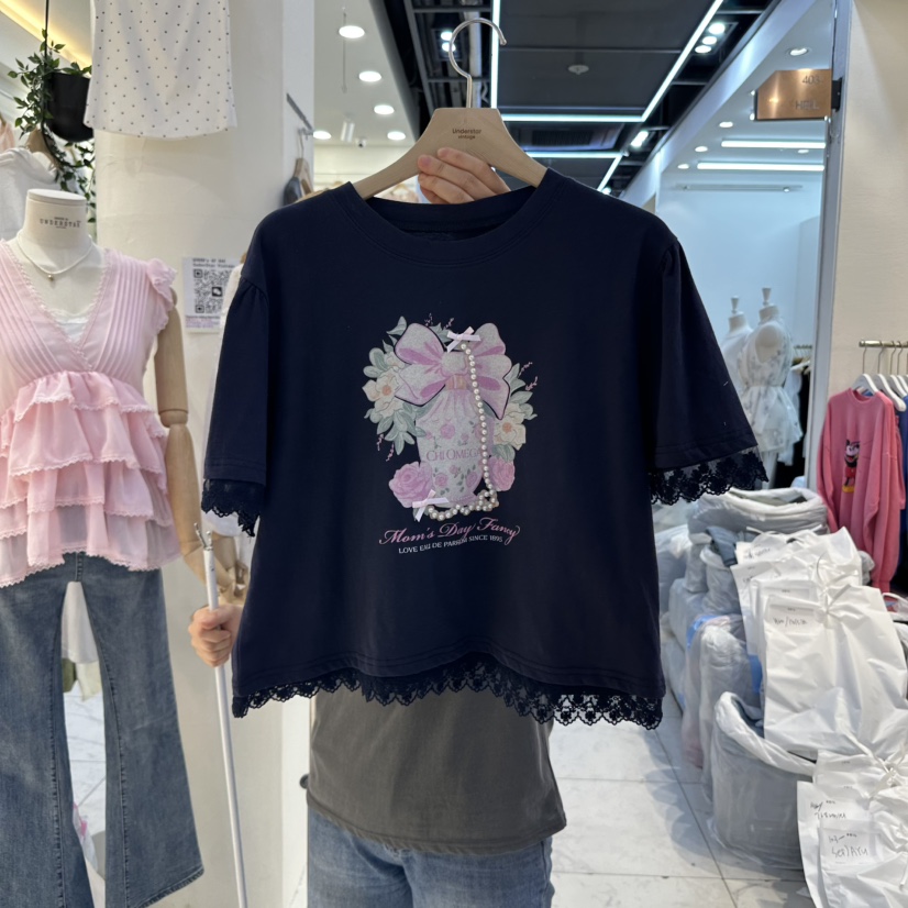 UNDERSTAR_VINTAGE韓國直郵㊣女士新品人氣時尚熱賣T恤蕾絲UNDERSTAR_VINTAGET恤圖色2