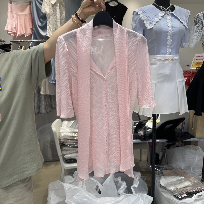 CHERISH-Q韓國代購㊣女士新品25春夏熱賣時尚職業襯衫蕾絲衫CHERISH-Q襯衫/蕾絲衫