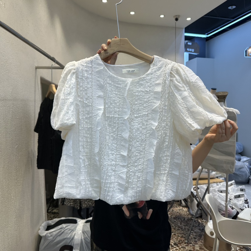 THE LINE-Q東大門㊣代購女裝新品25春夏襯衫蕾絲衫泡泡袖荷葉邊THE LINE-q襯衫/蕾絲衫