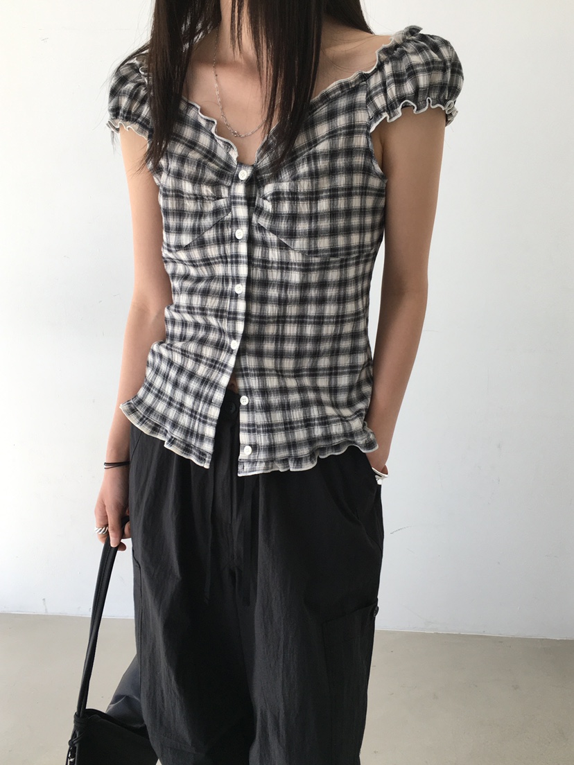 MONDAYMORING東大門㊣實拍女士新品時尚襯衫蕾絲衫格紋羅紋MONDAYMORING襯衫/蕾絲衫
