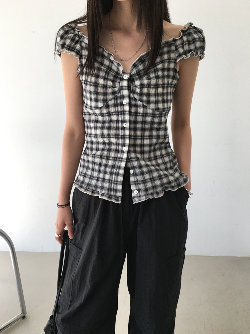 MONDAYMORING東大門㊣實拍女士新品時尚襯衫蕾絲衫格紋羅紋MONDAYMORING襯衫/蕾絲衫