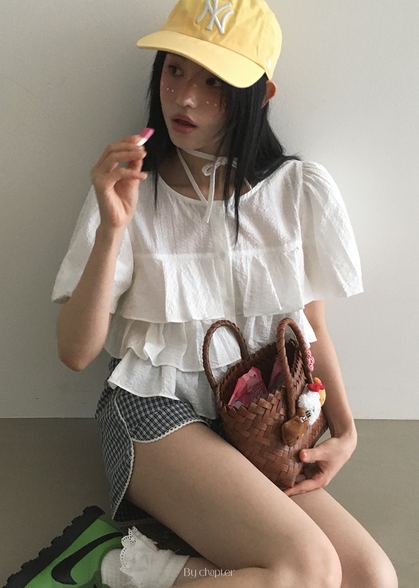 BY CHAPTER韓國直郵㊣女裝新款時尚人氣休閑襯衫蕾絲衫荷葉邊Chapter襯衫/蕾絲衫