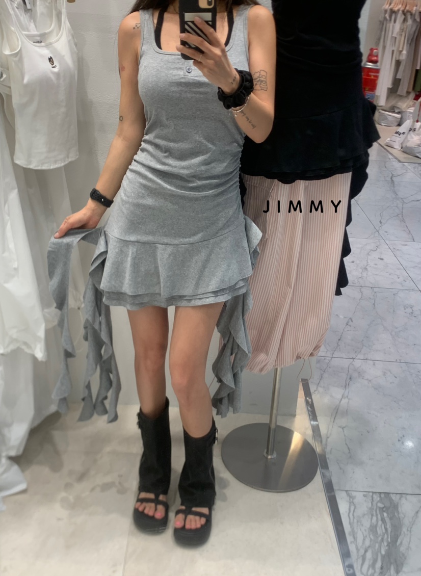 JIMMY東大門㊣代購女裝新品真品25春夏休閑職業連衣裙荷葉邊JIMMY/REMAKE連衣裙