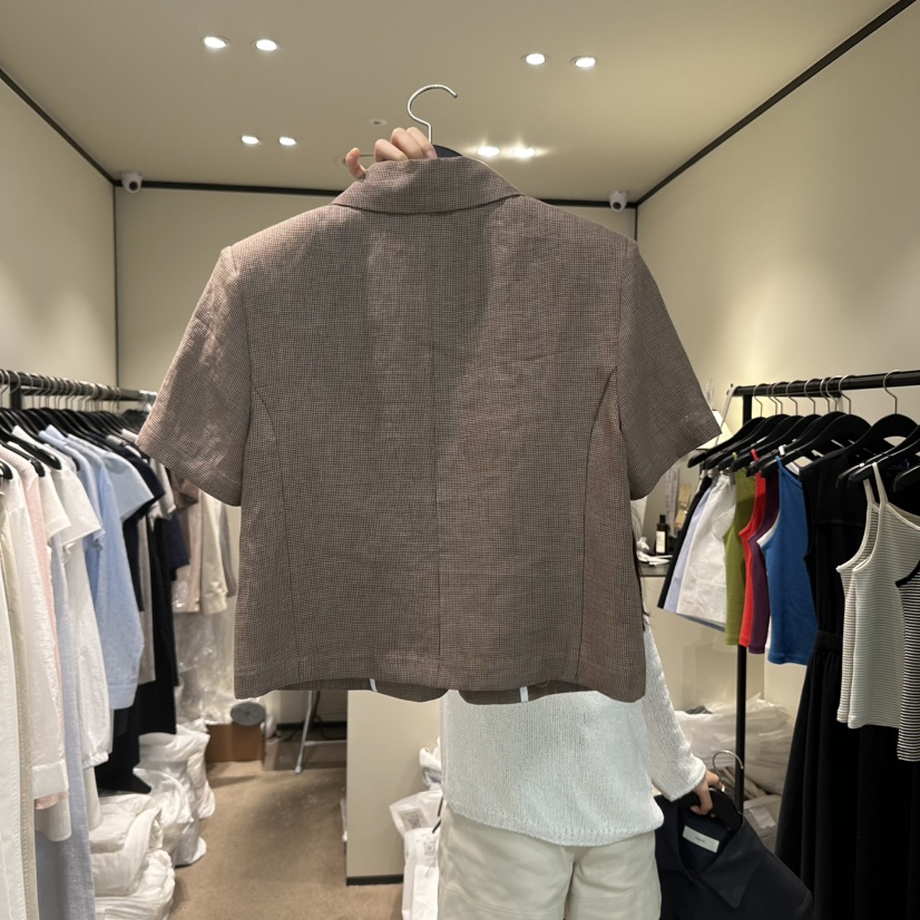 RE STOCK東大門㊣實拍女裝新品時尚25春夏職業夾克格紋亞麻RE STOCK夾克