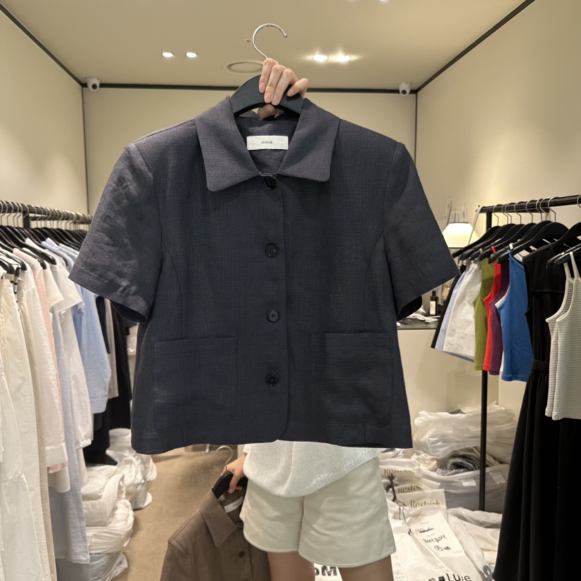 RE STOCK東大門㊣實拍女裝新品時尚25春夏職業夾克格紋亞麻RE STOCK夾克圖色2