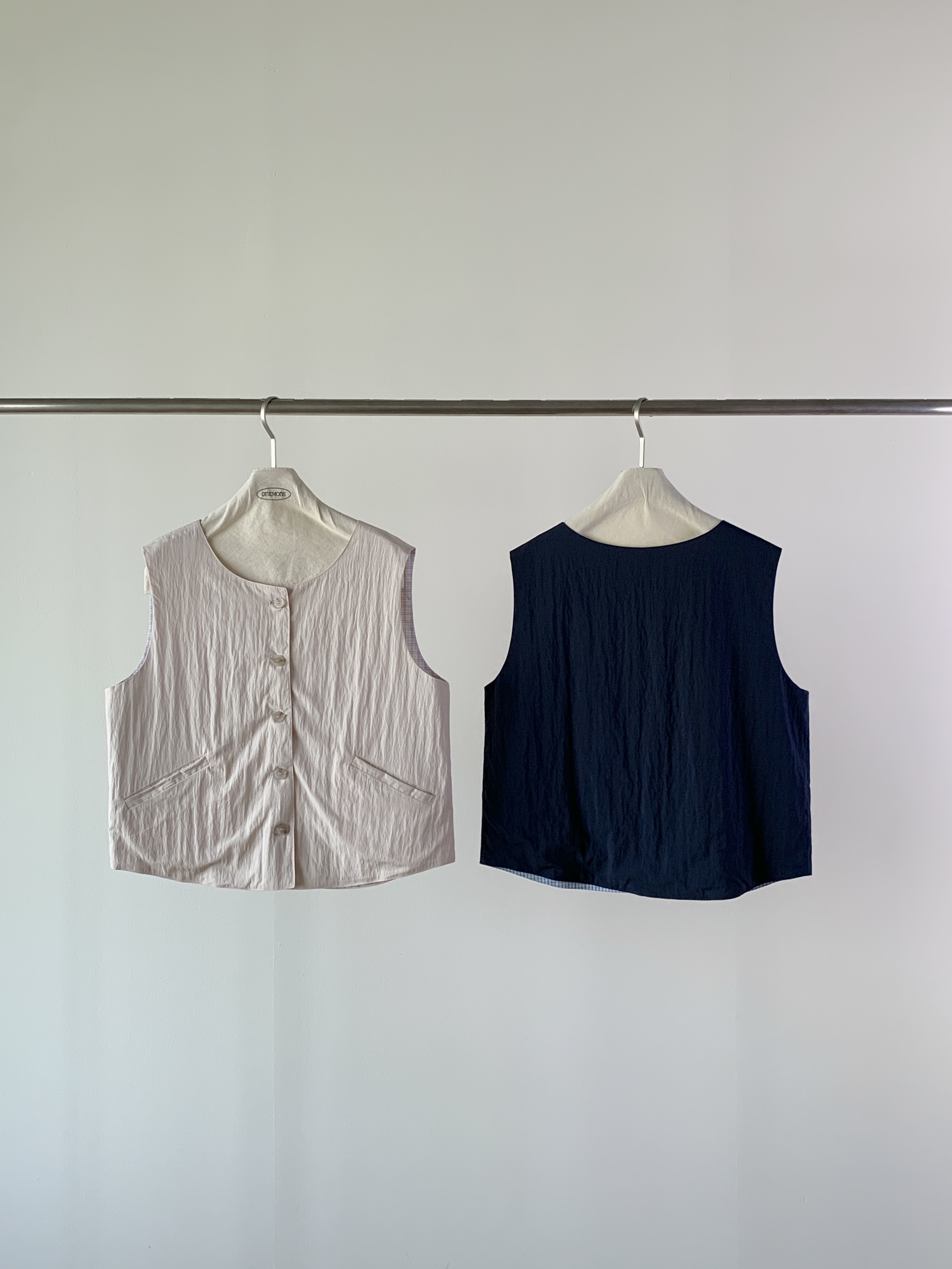 ONE MONE韓國代購㊣女裝新品休閑25春夏推薦馬甲兩面可穿格紋ONE MONE馬甲