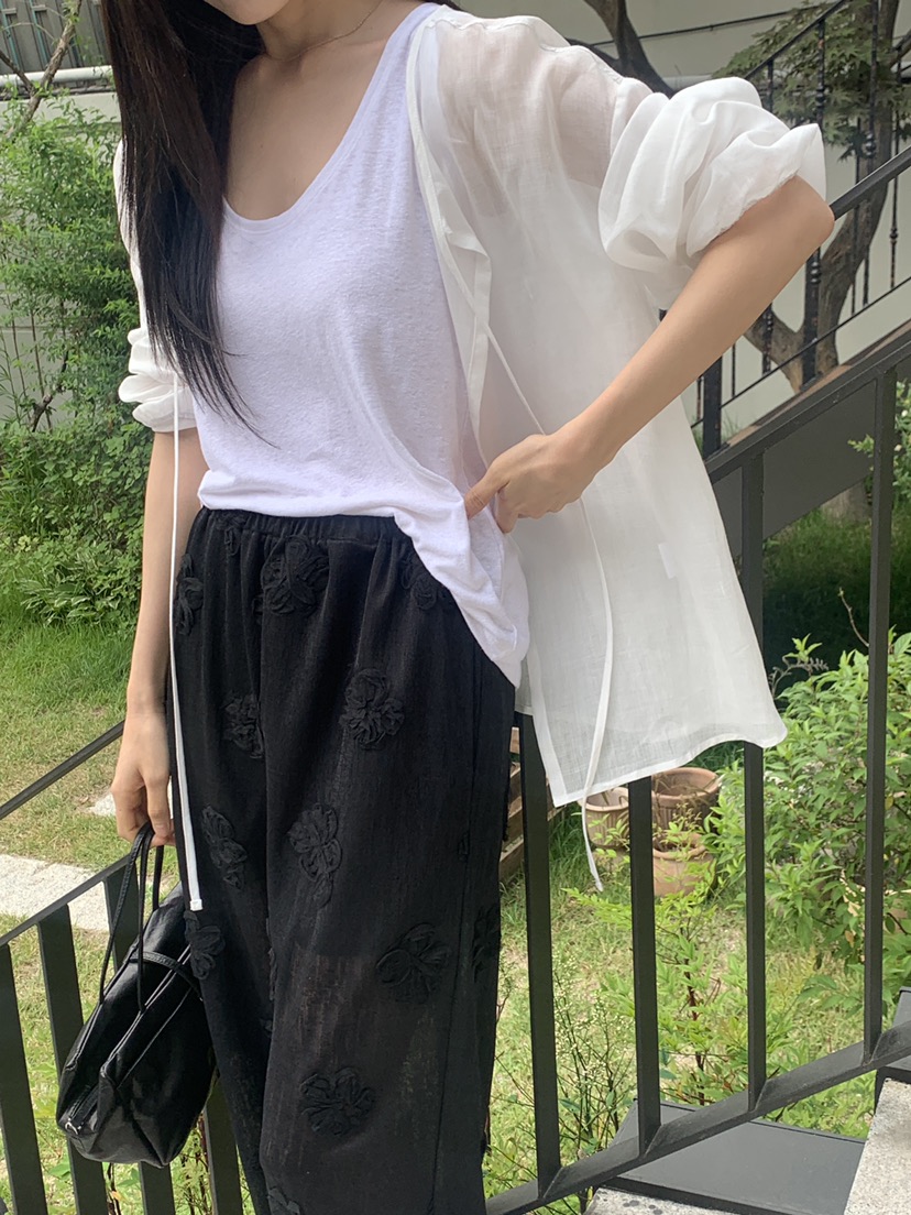 LOGARDEN韓國直郵㊣女士新品休閑推薦職業襯衫蕾絲衫柔軟亞麻LO GARDEN襯衫/蕾絲衫