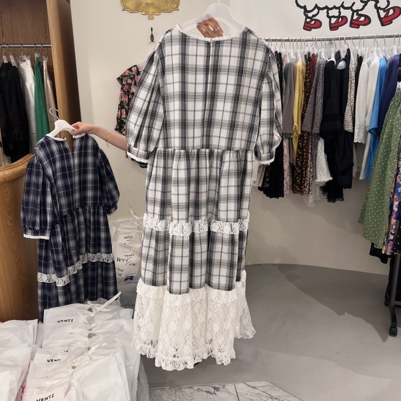 VENTI東大門㊣代購女裝新品職業25春夏推薦休閑連衣裙格紋蕾絲VENTI連衣裙