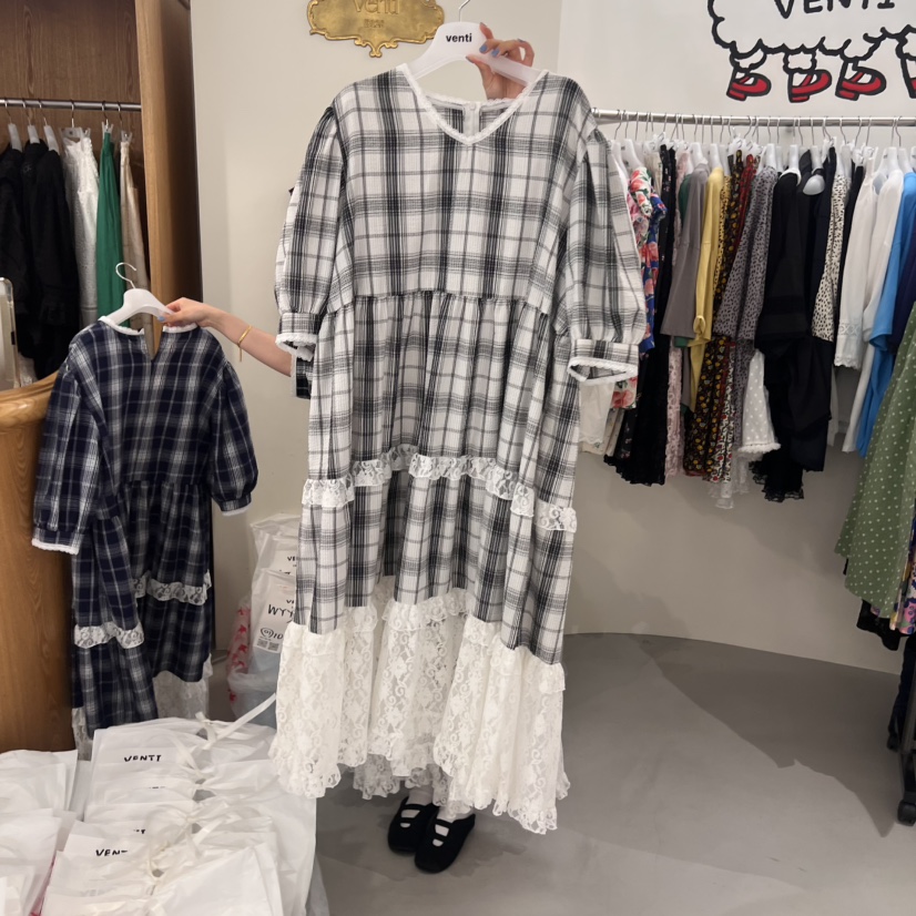 VENTI東大門㊣代購女裝新品職業25春夏推薦休閑連衣裙格紋蕾絲VENTI連衣裙圖色2