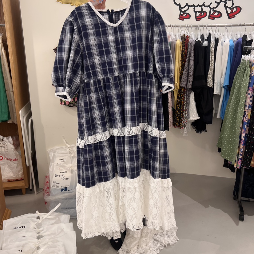 VENTI東大門㊣代購女裝新品職業25春夏推薦休閑連衣裙格紋蕾絲VENTI連衣裙圖色3