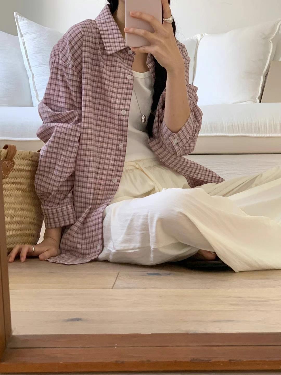 HACKER東大門㊣直郵女裝新款熱賣時尚25春夏襯衫蕾絲衫格紋HACKER襯衫/蕾絲衫