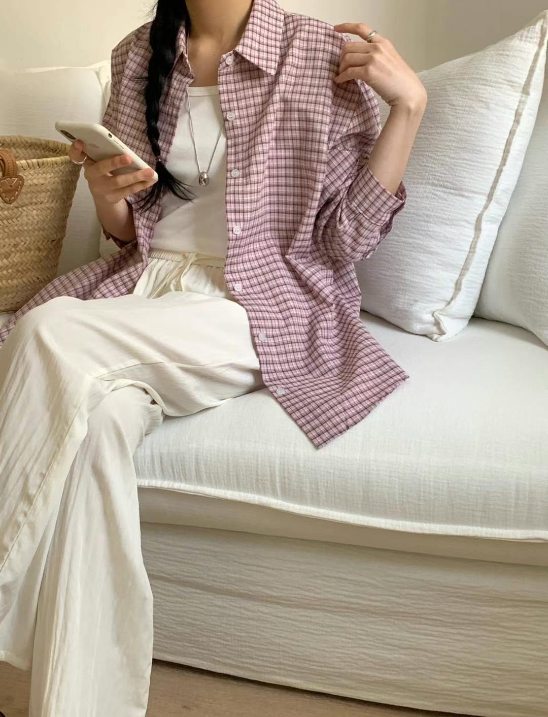HACKER東大門㊣直郵女裝新款熱賣時尚25春夏襯衫蕾絲衫格紋HACKER襯衫/蕾絲衫