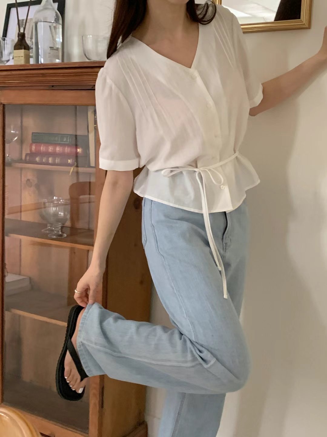 SUNDAY東大門㊣實拍女士新品時尚熱賣休閑襯衫蕾絲衫含腰繩SUNDAY襯衫/蕾絲衫