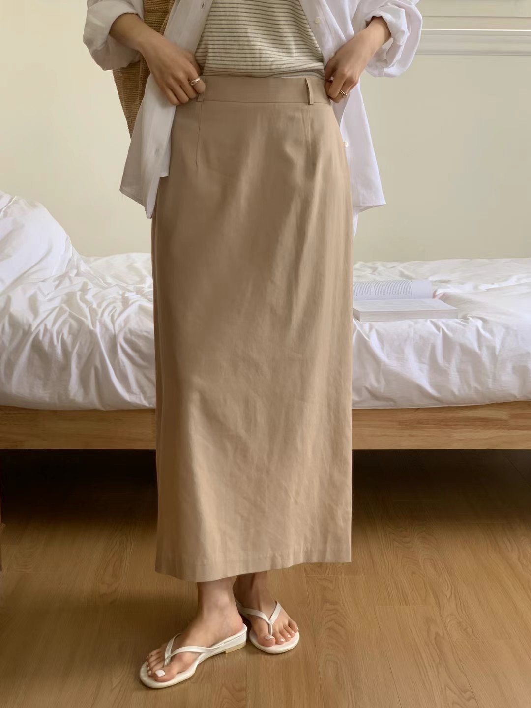 SUNDAY韓國直郵㊣女裝新款時尚推薦真品職業長裙不含腰帶亞麻SUNDAY長裙
