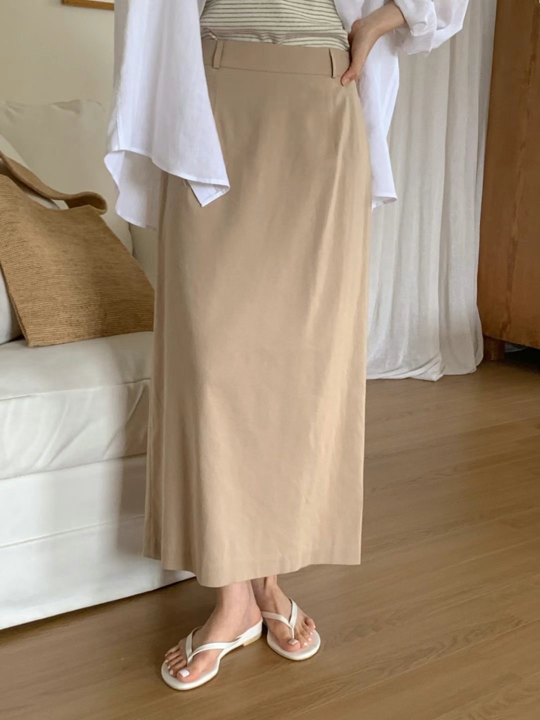 SUNDAY韓國直郵㊣女裝新款時尚推薦真品職業長裙不含腰帶亞麻SUNDAY長裙圖色2