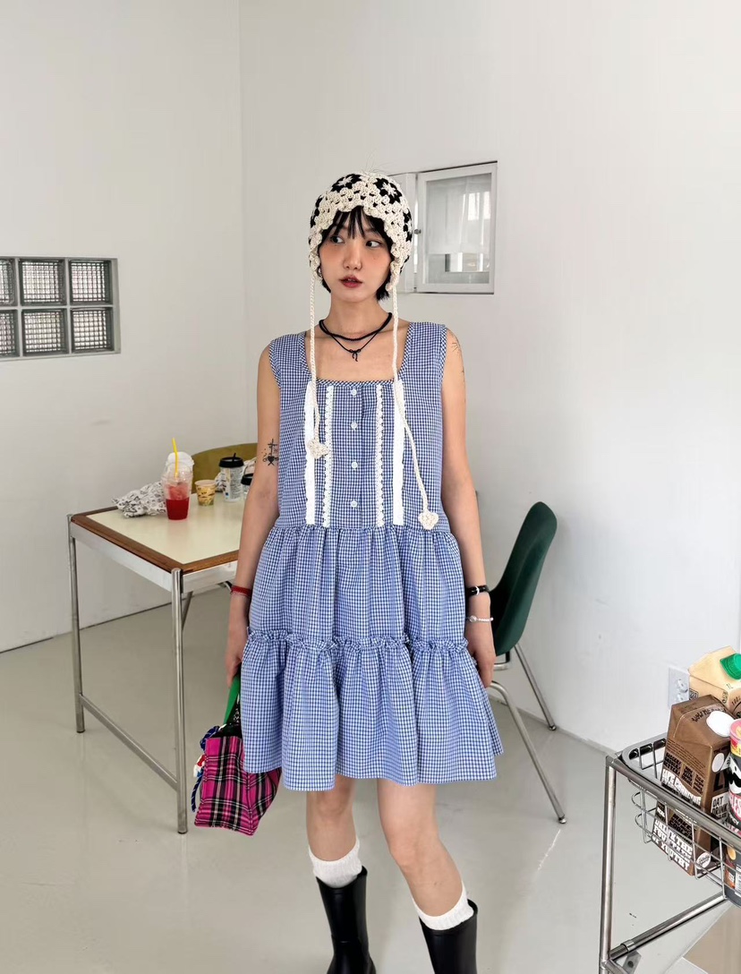 HEYJUDE東大門㊣實拍女士新品熱賣25春夏職業連衣裙復古格紋HEYJUDE連衣裙