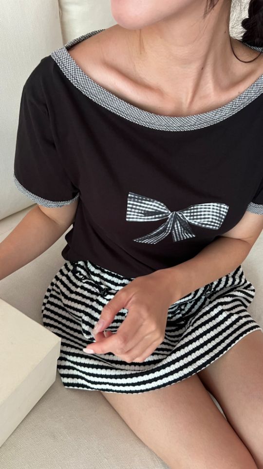 HEY/TO SEWING東大門㊣直郵女士新款時尚推薦25春夏T恤格紋BY HEY/TO SEWINGT恤