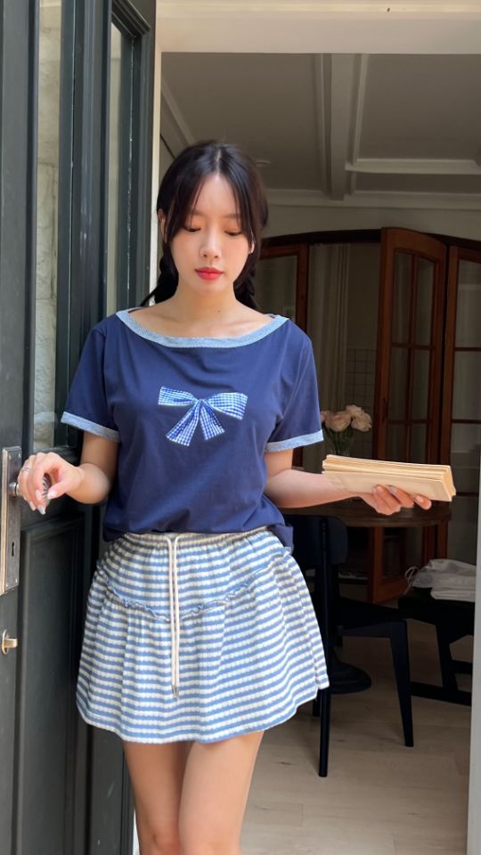 HEY/TO SEWING東大門㊣直郵女士新款時尚推薦25春夏T恤格紋BY HEY/TO SEWINGT恤