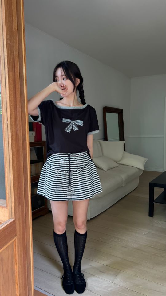 HEY/TO SEWING東大門㊣直郵女士新款時尚推薦25春夏T恤格紋BY HEY/TO SEWINGT恤
