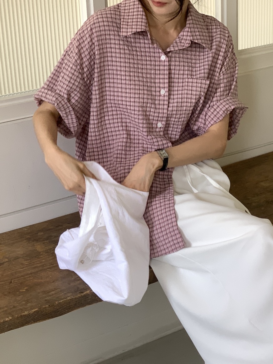 FRILL-T韓國直郵㊣女裝新款休閑職業25春夏襯衫蕾絲衫格紋FRILL-T襯衫/蕾絲衫