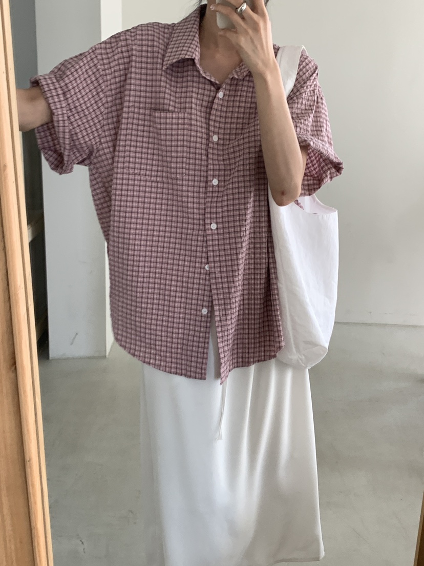 FRILL-T韓國直郵㊣女裝新款休閑職業25春夏襯衫蕾絲衫格紋FRILL-T襯衫/蕾絲衫
