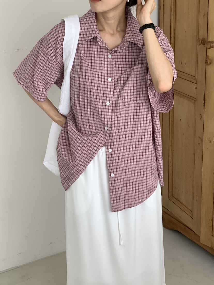 FRILL-T韓國直郵㊣女裝新款休閑職業25春夏襯衫蕾絲衫格紋FRILL-T襯衫/蕾絲衫