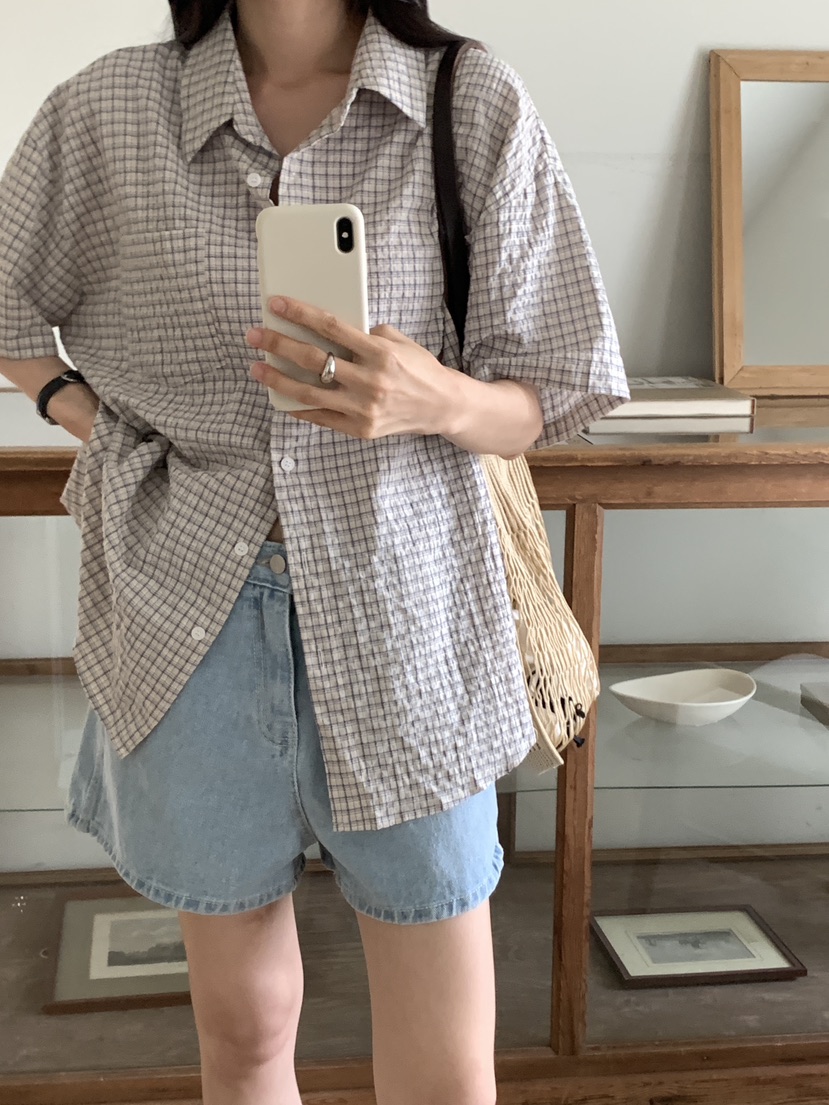 FRILL-T韓國直郵㊣女裝新款休閑職業25春夏襯衫蕾絲衫格紋FRILL-T襯衫/蕾絲衫