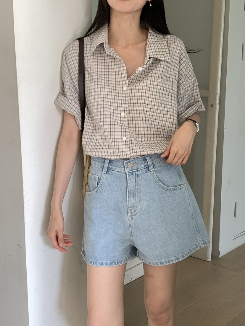 FRILL-T韓國直郵㊣女裝新款休閑職業25春夏襯衫蕾絲衫格紋FRILL-T襯衫/蕾絲衫