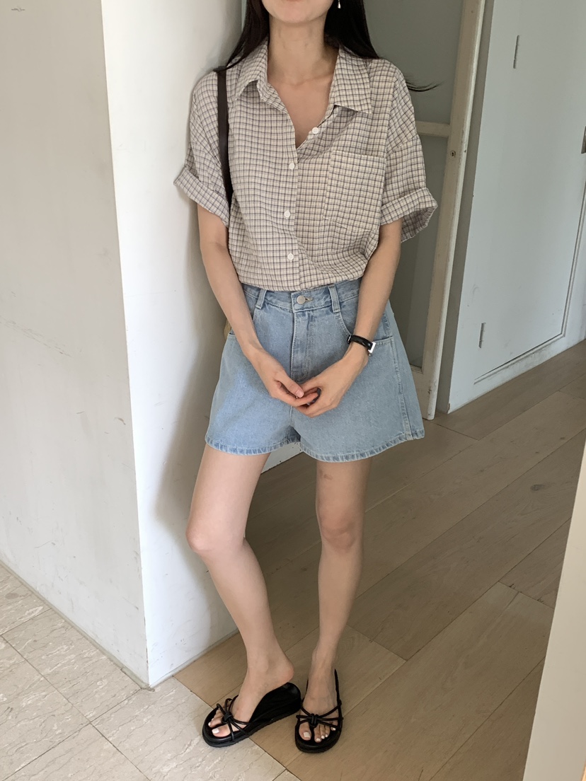 FRILL-T韓國直郵㊣女裝新款休閑職業25春夏襯衫蕾絲衫格紋FRILL-T襯衫/蕾絲衫
