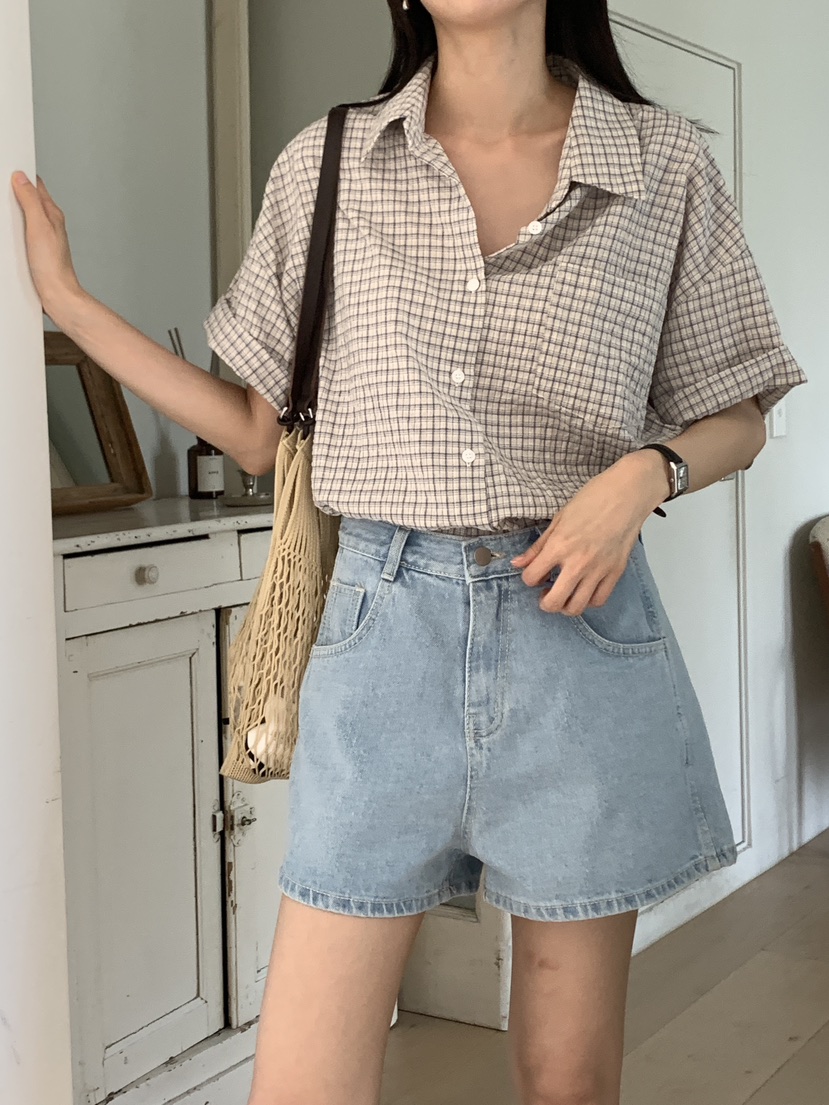 FRILL-T韓國直郵㊣女裝新款休閑職業25春夏襯衫蕾絲衫格紋FRILL-T襯衫/蕾絲衫
