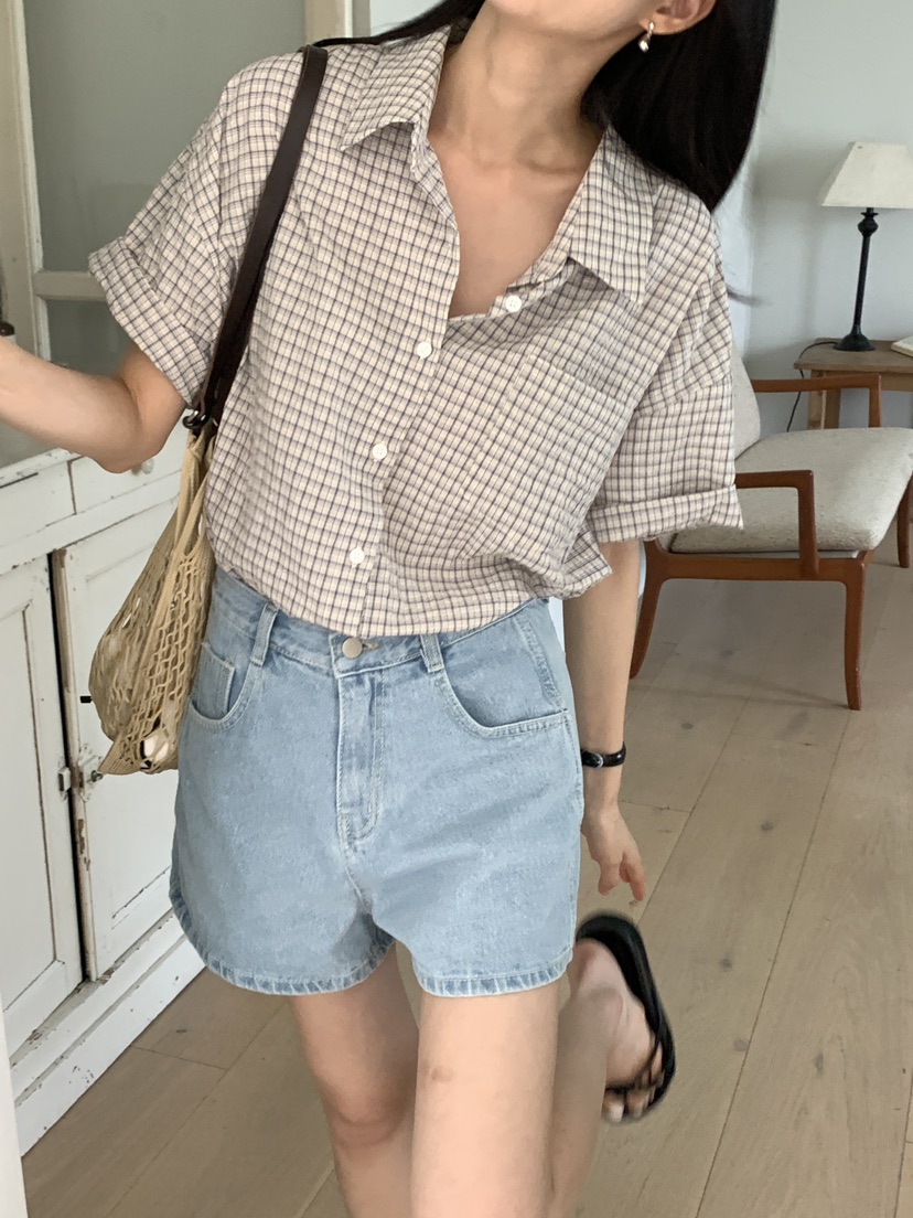 FRILL-T韓國直郵㊣女裝新款休閑職業25春夏襯衫蕾絲衫格紋FRILL-T襯衫/蕾絲衫