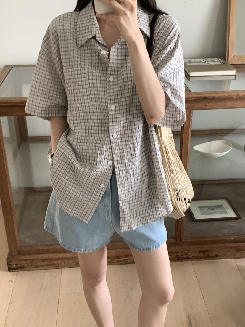 FRILL-T韓國直郵㊣女裝新款休閑職業25春夏襯衫蕾絲衫格紋FRILL-T襯衫/蕾絲衫圖色2