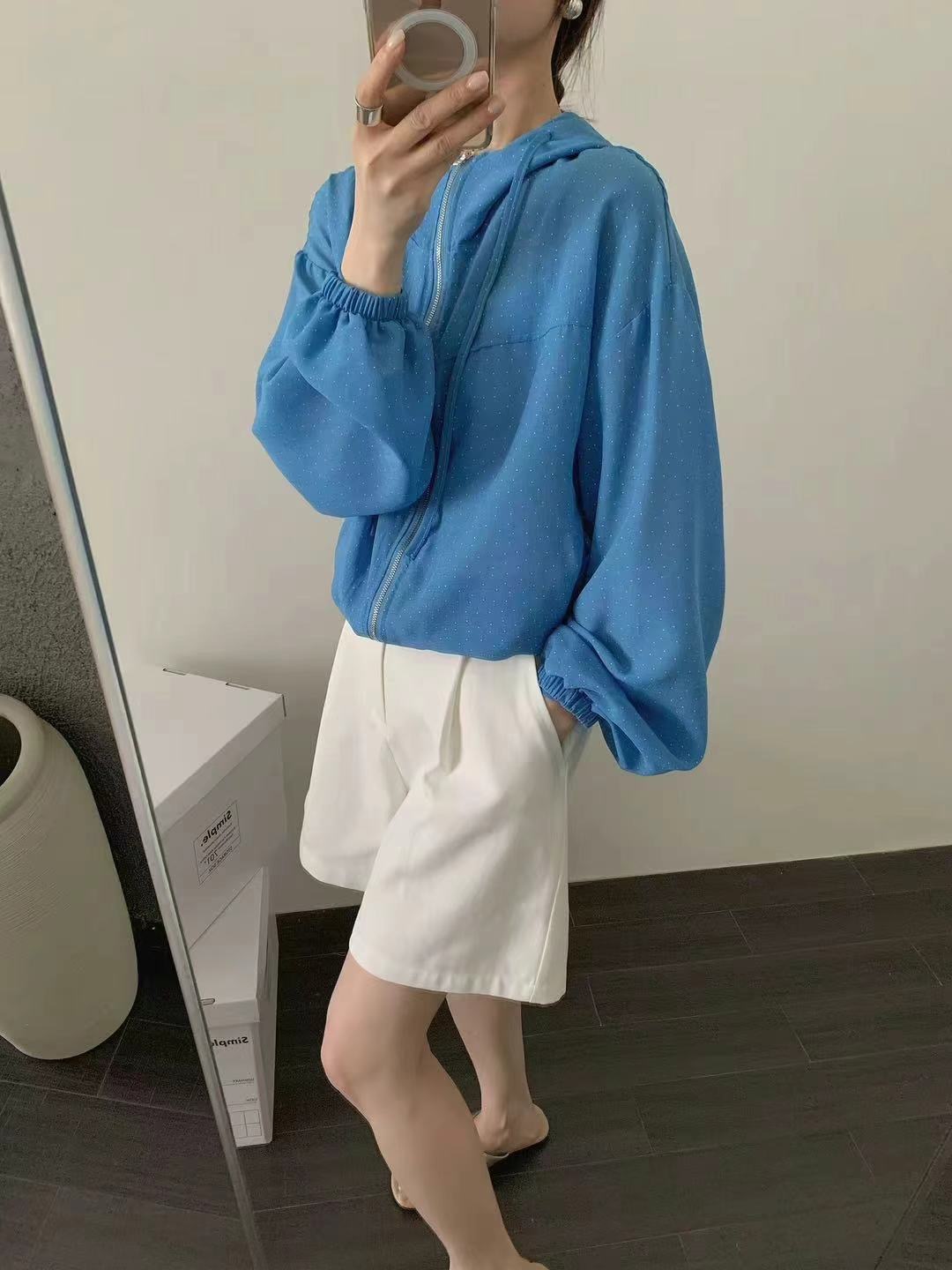 COVER FIT韓國代購㊣女裝新款職業25春夏夾克連帽拉鏈衫亞麻COVER FIT夾克