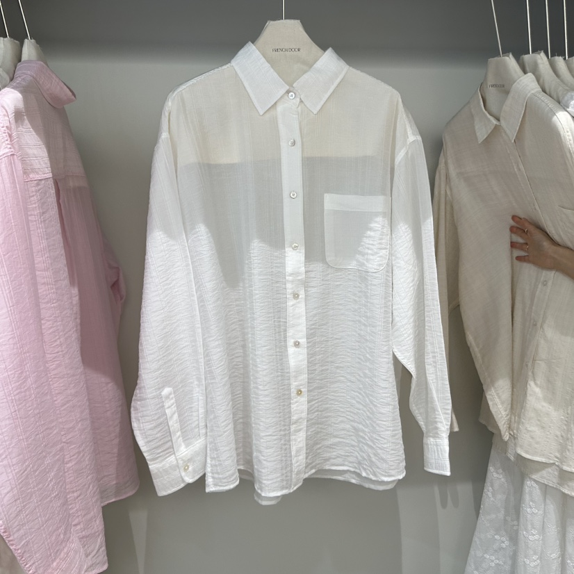 FRENCH DOOR東大門㊣代購女裝新品時尚襯衫蕾絲衫透明條紋FRENCH DOOR襯衫/蕾絲衫圖色1