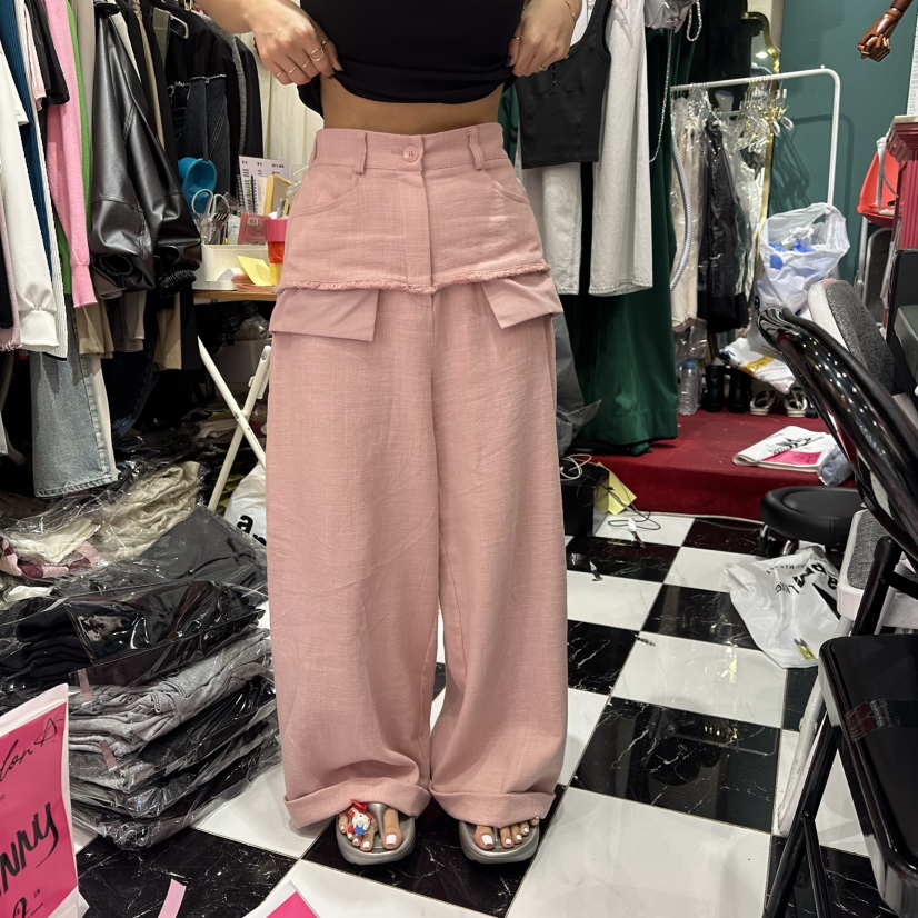 3COLOR韓國代購㊣女裝新款真品休閑褲亞麻布流蘇Three color休閑褲