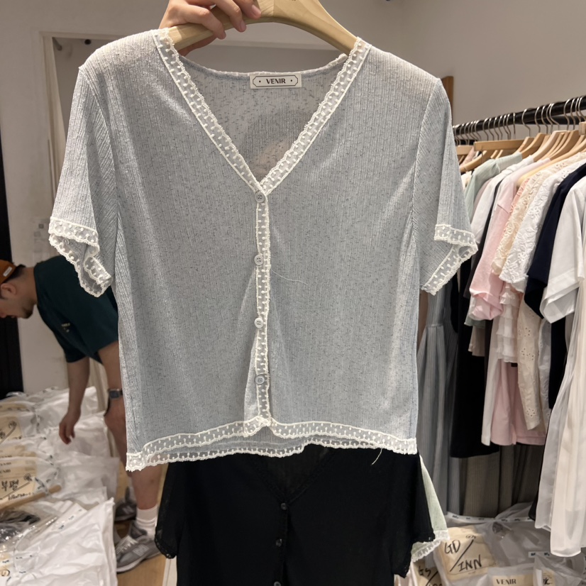 VENIR-a韓國代購㊣女裝新款推薦職業人氣熱賣休閑T恤蕾絲開衫VENIR-aT恤圖色1