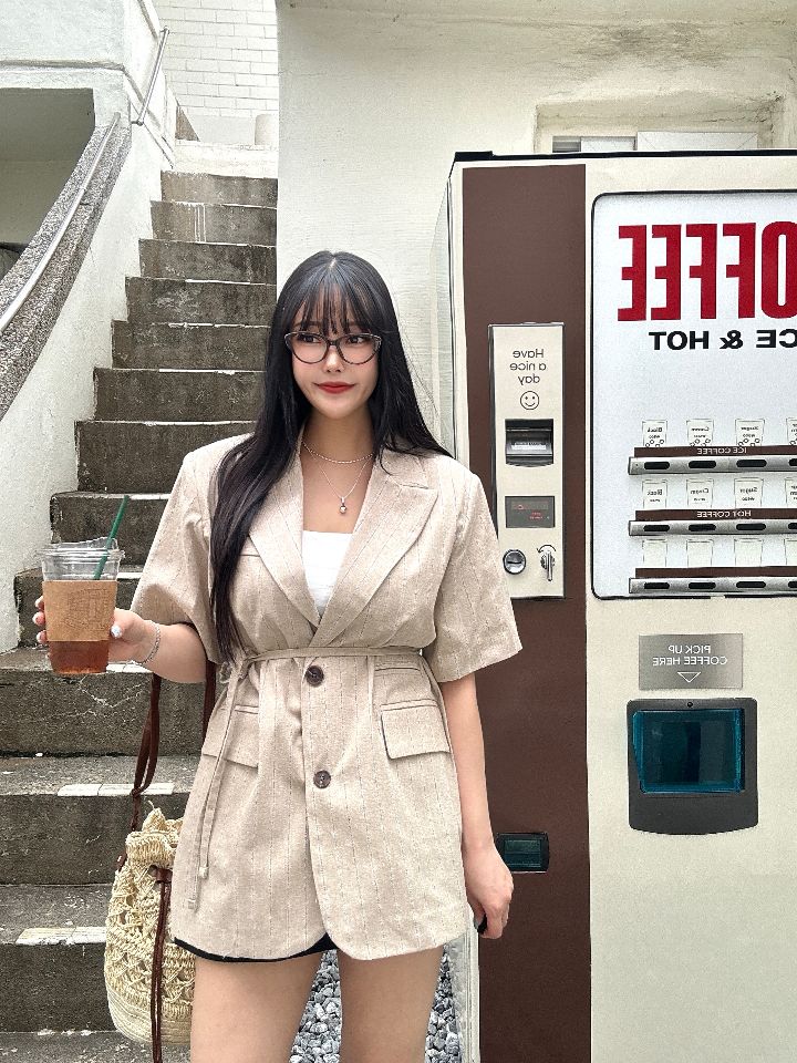 mars韓國代購㊣女士新品熱賣休閑推薦職業人氣夾克亞麻條紋mars夾克