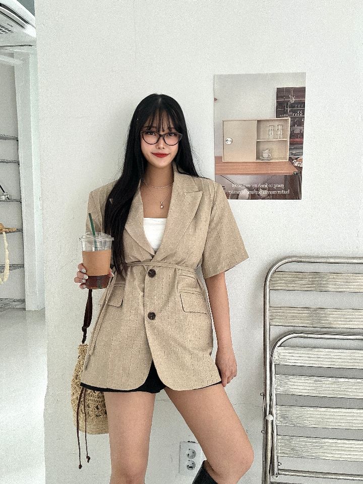 mars韓國代購㊣女士新品熱賣休閑推薦職業人氣夾克亞麻條紋mars夾克