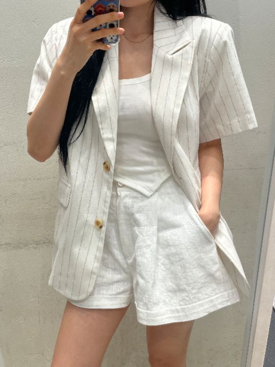 mars韓國代購㊣女士新品熱賣休閑推薦職業人氣夾克亞麻條紋mars夾克