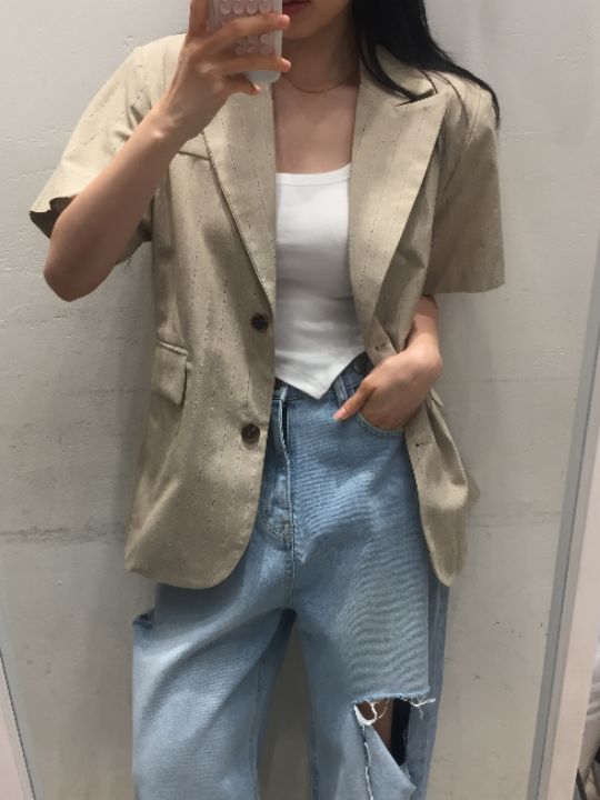 mars韓國代購㊣女士新品熱賣休閑推薦職業人氣夾克亞麻條紋mars夾克
