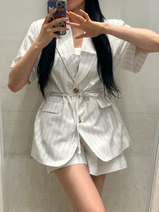 mars韓國代購㊣女士新品熱賣休閑推薦職業人氣夾克亞麻條紋mars夾克