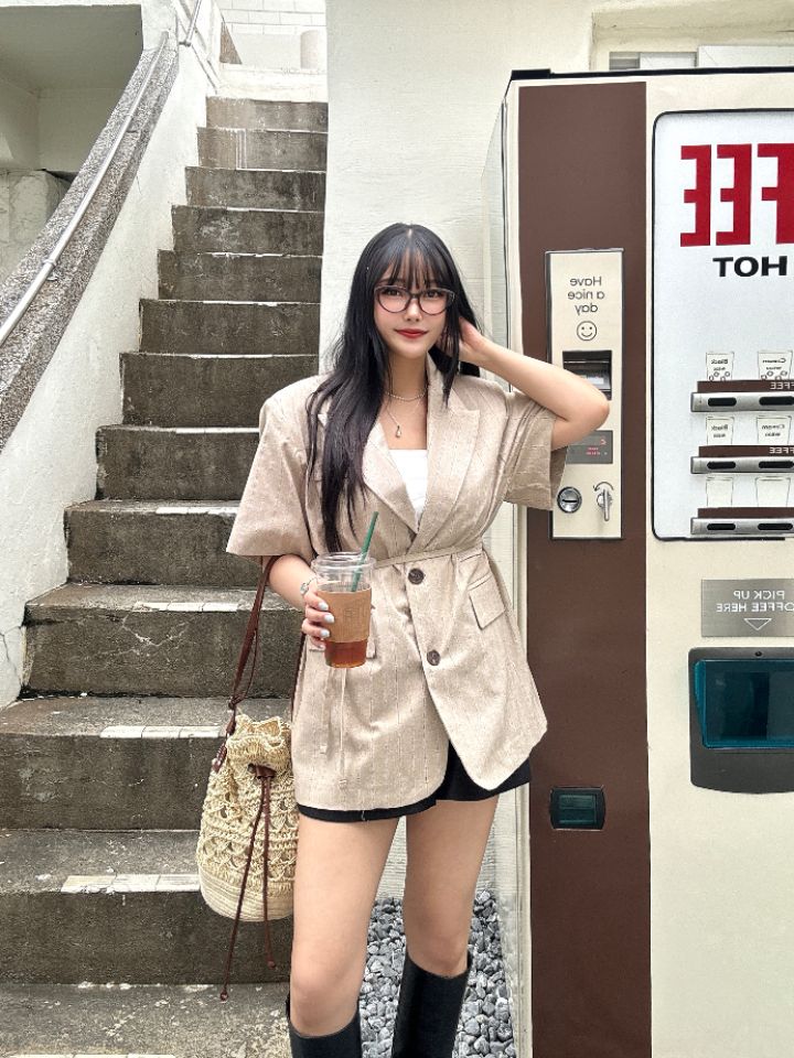mars韓國代購㊣女士新品熱賣休閑推薦職業人氣夾克亞麻條紋mars夾克