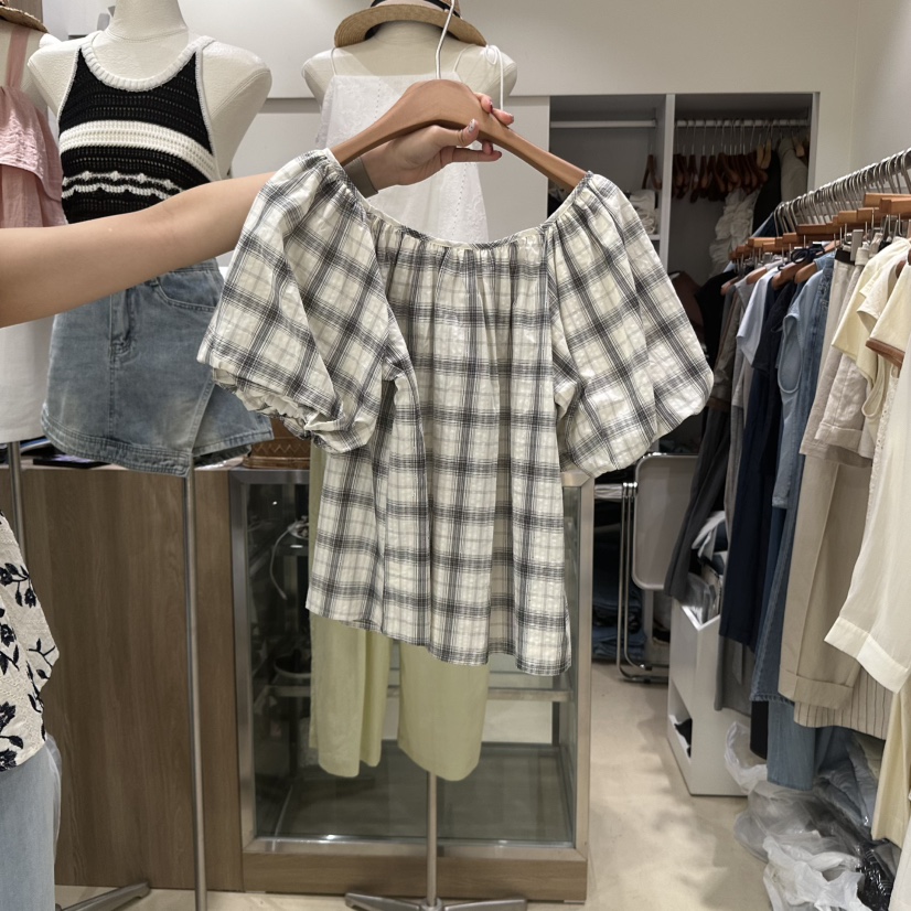 MELO東大門㊣代購女裝新品推薦人氣職業襯衫蕾絲衫泡泡袖格紋MELO襯衫/蕾絲衫